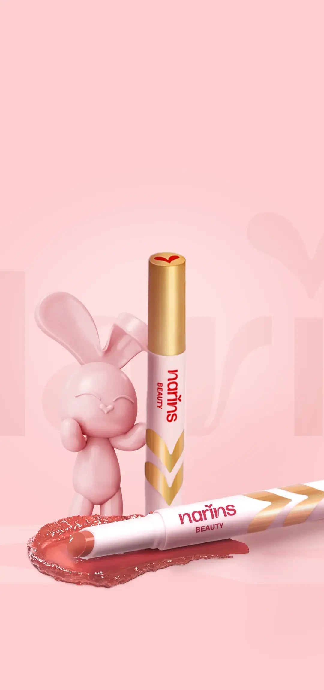 Lip tint with a small pink bunny figure on a pink background